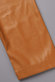 Mörkbrun Casual Solid Patchwork Ytterplagg med blixtlåskrage