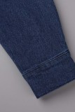 Macacão jeans skinny azul royal casual patchwork sólido gola redonda manga comprida