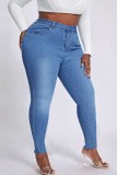 Голубые повседневные однотонные джинсы больших размеров в стиле пэчворк