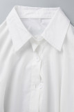 Weißes, lässiges, solides Patchwork mit Schnalle, asymmetrisches Umlegekragen-Hemdkleid, Kleider in Übergröße