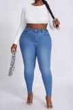 Medium Blue Casual Solid Patchwork Plus Size Jeans