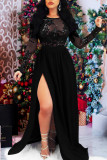 Черное сексуальное вечернее платье в стиле пэчворк с блестками, прозрачное вечернее платье с открытой спиной и круглым вырезом