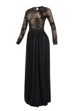 Schwarze, sexy, formale Patchwork-Pailletten, durchsichtige, rückenfreie, geschlitzte O-Ausschnitt-Abendkleider