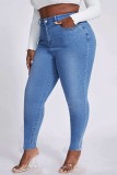 Jeans azul médio casual patchwork liso plus size
