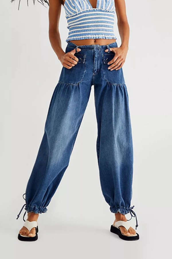 Diepblauwe street effen patchwork Harlan denim jeans met halfhoge taille