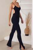 Mörkbruna Sportswear Solid Patchwork Backless Slit Spaghetti Strap Skinny Jumpsuits