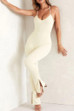 Cream White Sportswear Solid Patchwork Backless Slit Spaghetti Strap Skinny Jumpsuits
