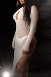 Branco Sexy Sólido Escavado Patchwork Transparente Fenda Assimétrica Gola Vestidos Irregulares