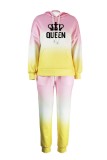 Pink Yellow Casual Letter Plaid Print Basic Hooded Collar Long Sleeve Two Pieces