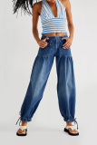 Ljusblå Street Solid Patchwork Mid Waist Harlan Denim Jeans