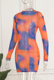 Orange Sexy Print Patchwork See-through Half A Turtleneck Pencil Skirt Dresses