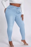 Jeans azul claro casual patchwork sólido plus size