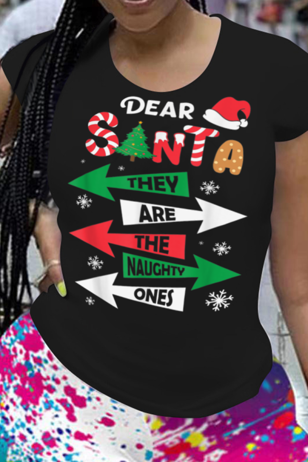 Schwarze Party-Weinlese-Weihnachtsmützen bedruckte Patchwork-T-Shirts mit O-Ausschnitt