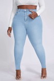 Jeans azul médio casual patchwork liso plus size