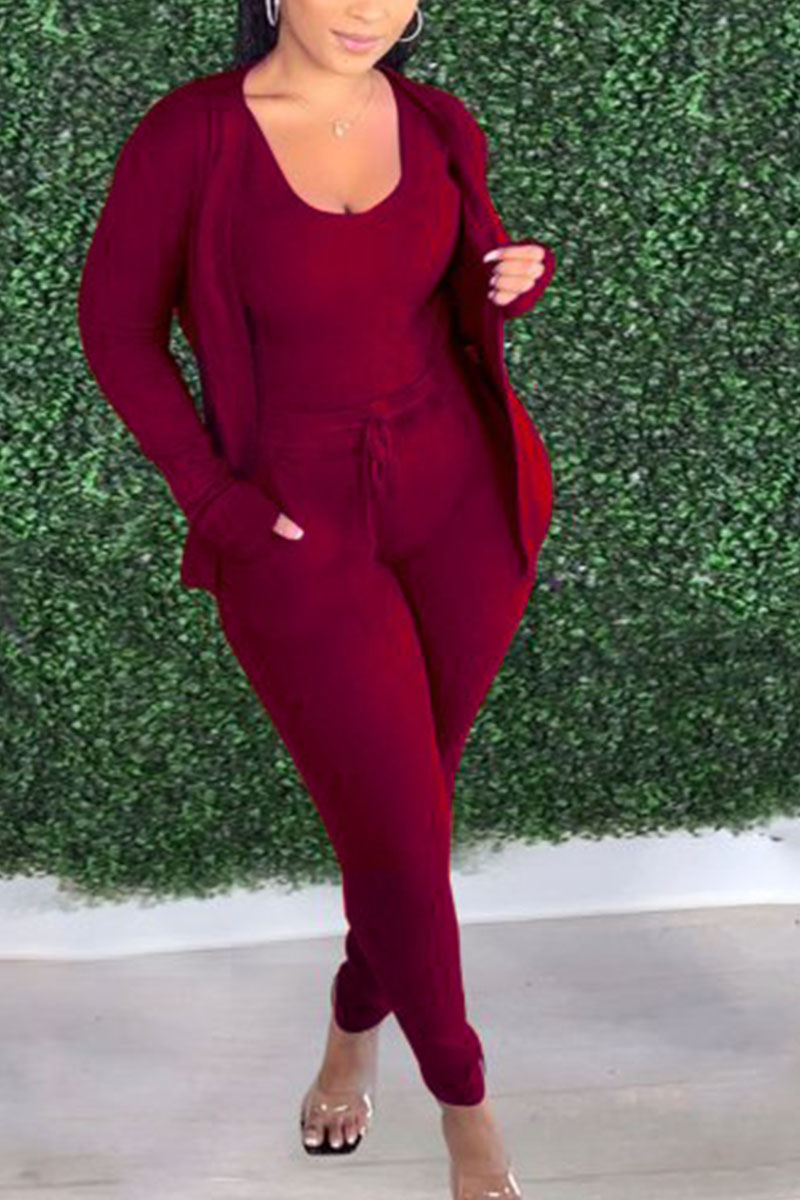 

Wine Red Sportswear Solid O Neck Long Sleeve Regular Sleeve Two Pieces