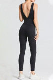 Black Sportswear Solid Hollowed Out Patchwork U Neck Skinny Jumpsuits