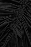 Vestidos pretos casuais lisos lisos com dobra nas costas e manga comprida