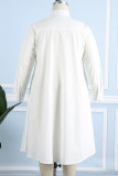 Weißes, lässiges, solides Patchwork mit Schnalle, asymmetrisches Umlegekragen-Hemdkleid, Kleider in Übergröße