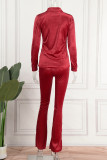 Red Street Solid Fold Turndown Collar Long Sleeve Two Pieces
