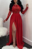 赤いセクシーなフォーマル パッチワーク スパンコール シースルー スリット O ネック イブニング ドレス ドレス