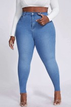 Mittelblaue, lässige, solide Patchwork-Jeans in Übergröße