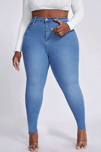 Medium blauw casual effen patchwork grote maten jeans