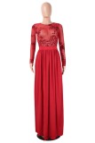 Красное сексуальное вечернее платье в стиле пэчворк с блестками, прозрачное вечернее платье с разрезом и круглым вырезом