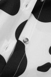 Tops de colarinho dobrado preto branco estampado casual patchwork