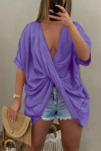 Camisetas con cuello en V asimétrico de patchwork sólido casual púrpura
