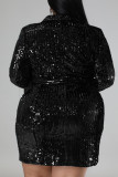 Zwarte Sexy Effen Pailletten Patchwork Gesp Turndown Kraag Recht Grote maten jurken