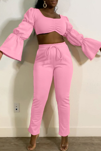 Pink Sexy Casual Solid Basic Long Sleeve Two Pieces