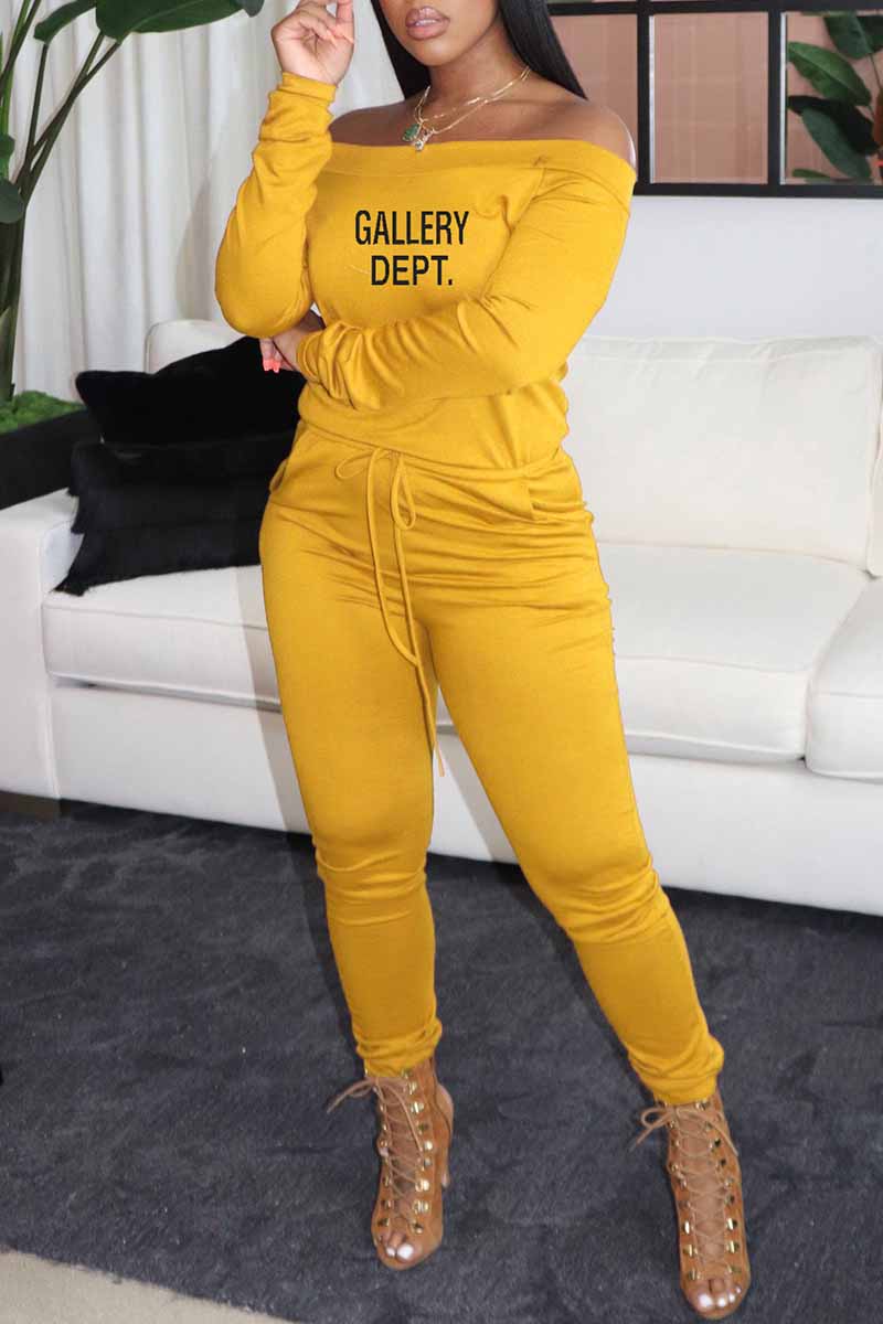 

Yellow Casual Print Letter Off the Shoulder Jumpsuits