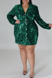 グリーンのセクシーなソリッド スパンコール パッチワーク バックル ターンダウン カラー ストレート プラス サイズのドレス