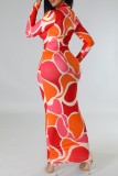 Geel casual print patchwork turndown kraag jurken met lange mouwen