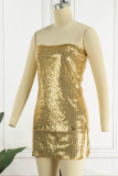 Золотое сексуальное однотонное лоскутное платье с открытой спиной и разрезом без бретелек без рукавов