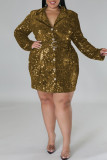 ゴールドのセクシーなソリッド スパンコール パッチワーク バックル ターンダウン カラー ストレート プラス サイズのドレス