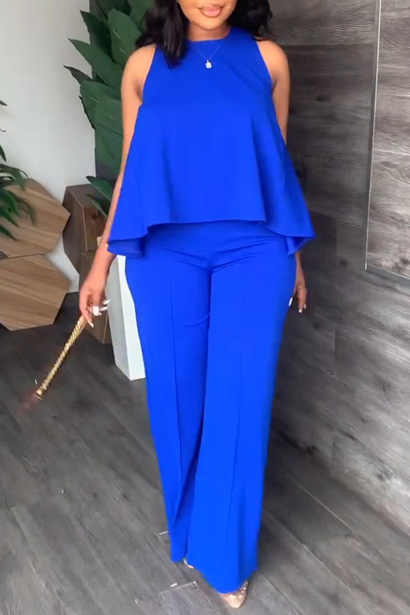 

Blue Casual Solid Patchwork O Neck Sleeveless Two Pieces