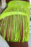 Verde Fluorescente Sexy Patchwork Sólido Lantejoulas Hot Drill Cintura Alta Reta Parte de Baixo Cor Sólida