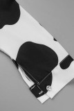 Tops de colarinho dobrado preto branco estampado casual patchwork