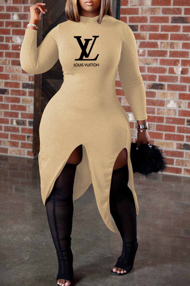 

Khaki Casual Street Print Letter O Neck Irregular Dress Dresses