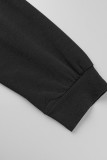 Zwarte Mode Casual Letter Print Basic Hooded Kraag Lange Mouw Plus Size Jurk