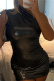 Абрикосовое сексуальное однотонное платье в стиле пэчворк с открытой спиной и косым воротником без рукавов Платья