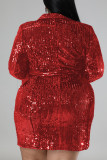 Vermelho Sexy Lantejoulas Sólidas Patchwork Fivela Colarinho Reto Vestidos Plus Size