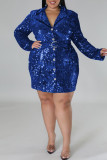 ブルー セクシー ソリッド スパンコール パッチワーク バックル ターンダウン カラー ストレート プラスサイズ ドレス