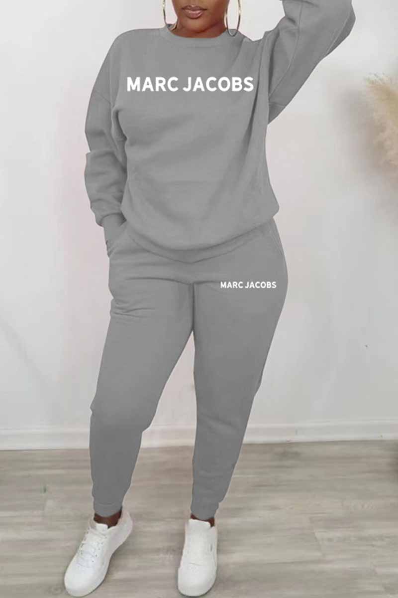 

Grey Casual Print Letter O Neck Long Sleeve Two Pieces