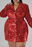 赤のセクシーな固体スパンコール パッチワーク バックル ターンダウン カラー ストレート プラス サイズのドレス