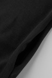 ブラックホワイトファッションカジュアルレタープリントベーシックフード付きカラー長袖プラスサイズのドレス