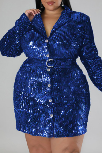 Blue Sexy Solid Sequins Patchwork Buckle Turndown Collar Straight Plus Size Dresses