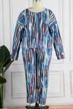 Blue Casual Print Patchwork O Neck Plus Size Two Pieces(WIth A Mask)