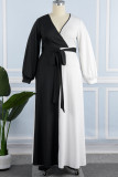 Черно-белые повседневные однотонные лоскутные платья с контрастным V-образным вырезом и длинными рукавами больших размеров